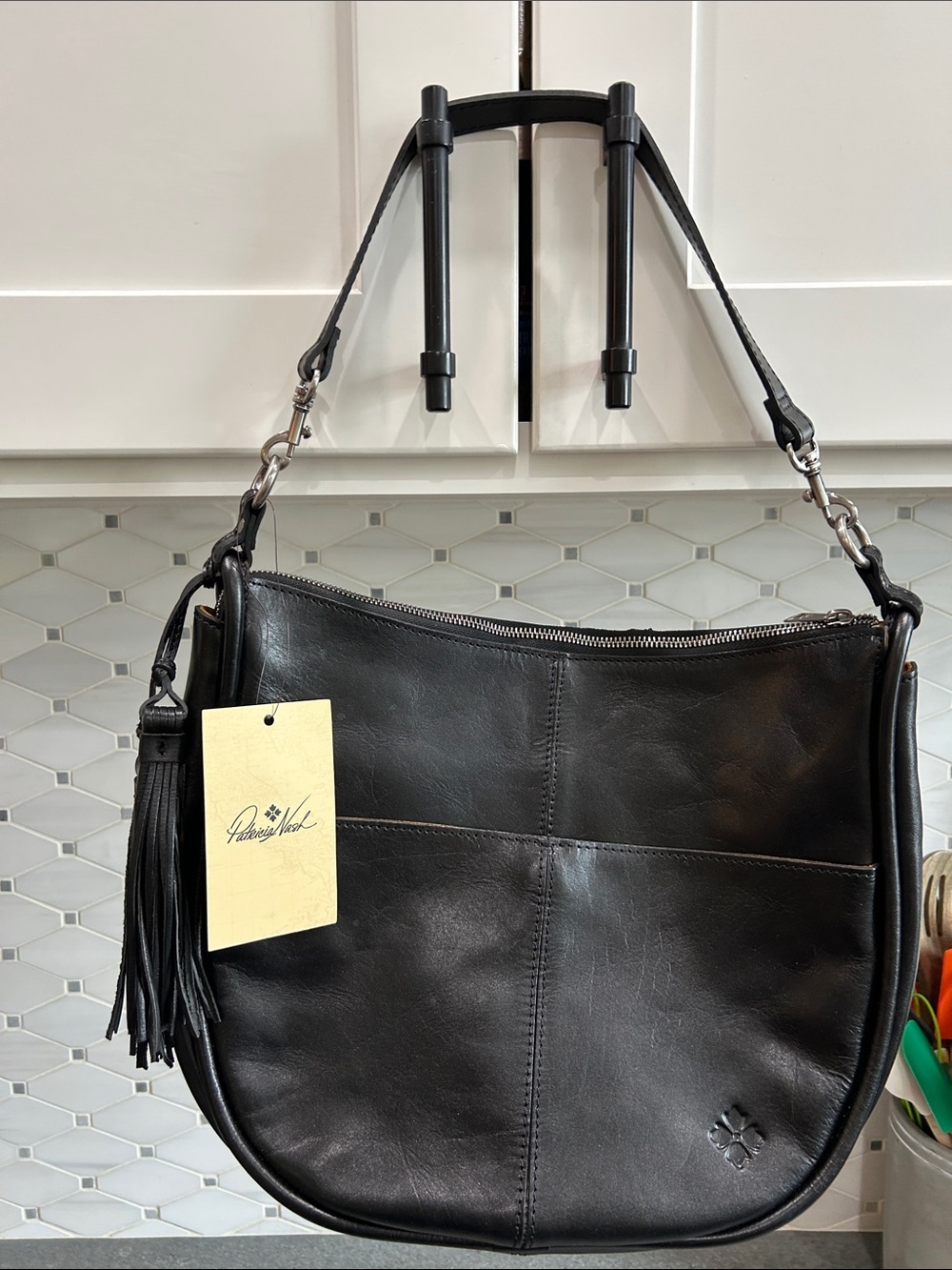NWT Patricia Nash Black Leather Shoulder Hobo with Tassel Accent